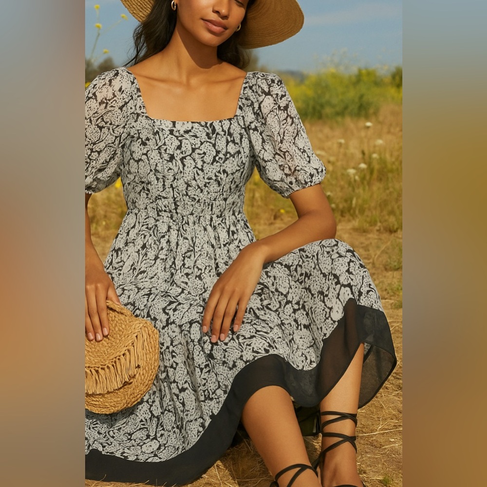 👗🌟Anthropologie Square Neck Smocked Midi Dress Boho Floral Black White XS 0 2 - Picture 10 of 12